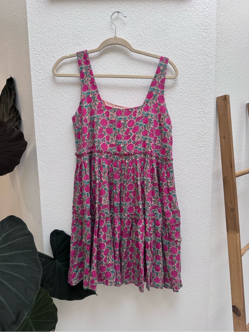 NATURAL LIFE Pink Floral Tiered Baby Doll Mini Dress With Pomegranate Print XS